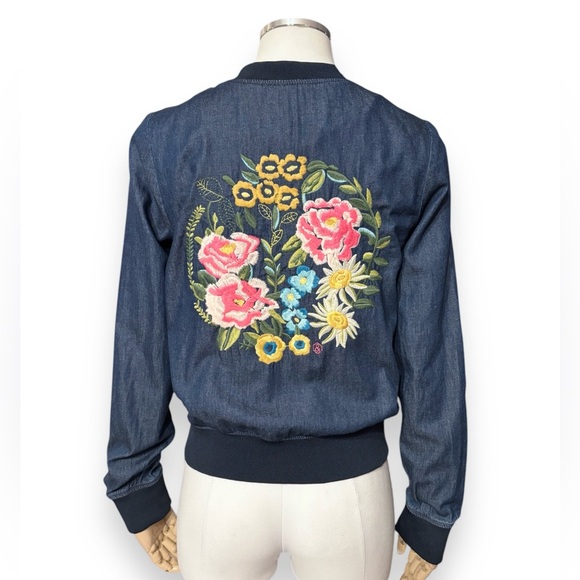 ROSIO Floral Embroidered Cropped Lightweight Denim Baseball Bomber Jacket - Picture 1 of 7